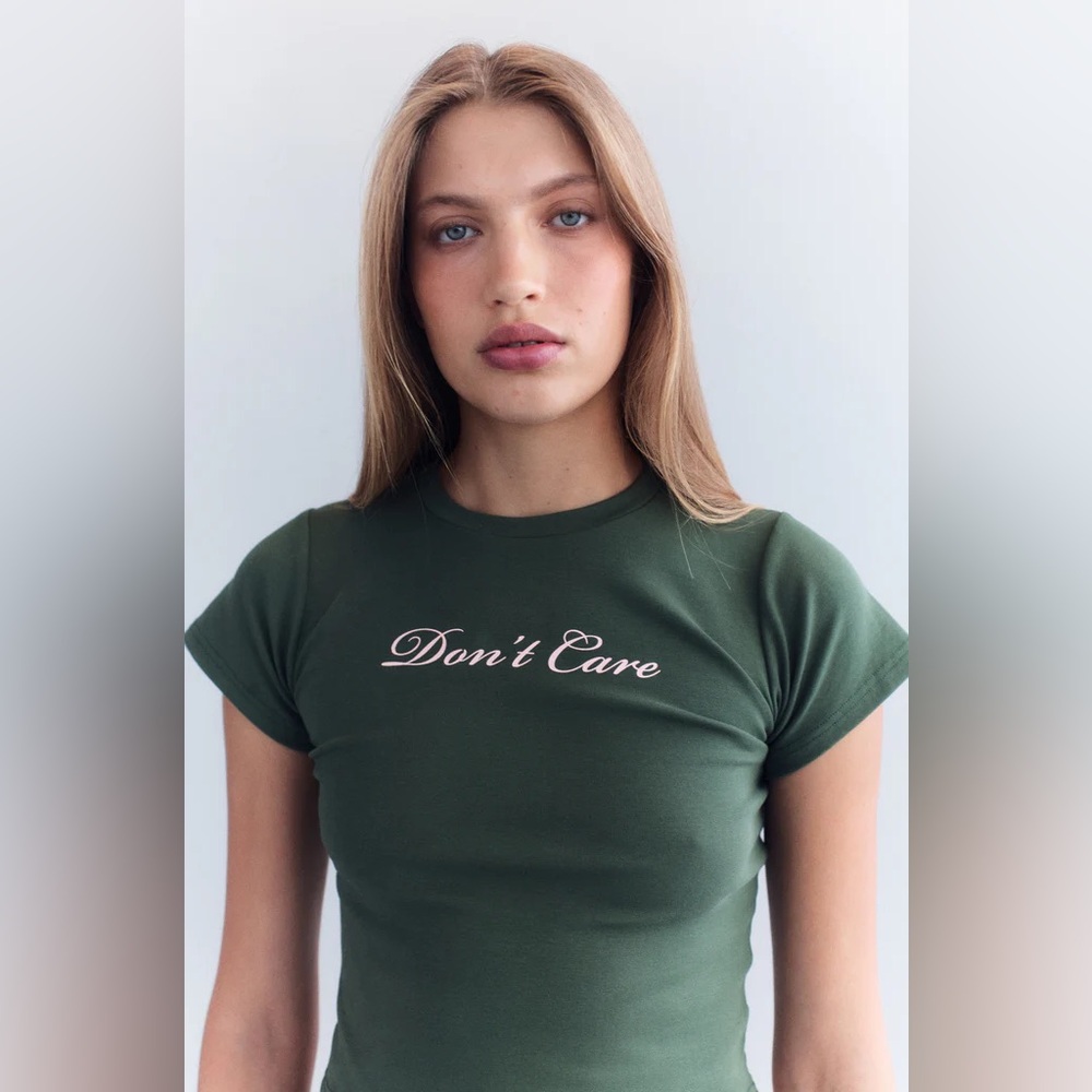 NWT With Jean Don't Care Tee in Khaki in Size XXS